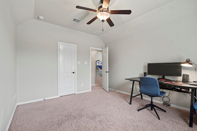 27803 Indigo Pointe Ln, Katy, TX 77494 - home office with ceiling fan, vaulted ceiling, light carpet, and baseboards