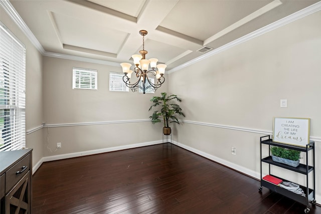 27803 Indigo Pointe Ln, Katy, TX 77494 - unfurnished room with a chandelier, wood finished floors, coffered ceiling, baseboards, and beamed ceiling