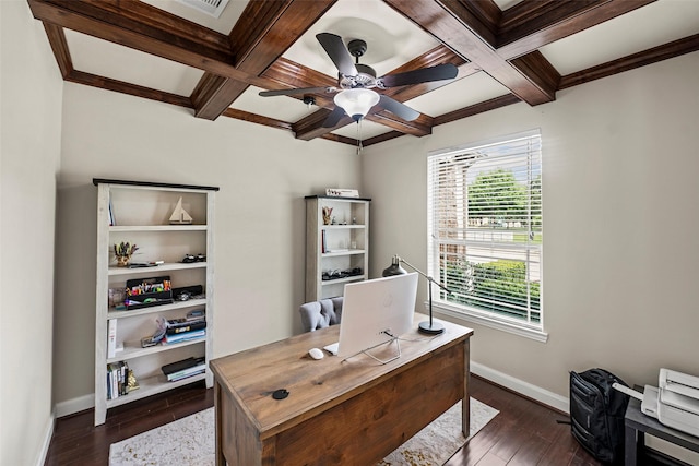 27803 Indigo Pointe Ln, Katy, TX 77494 - office space with a ceiling fan, coffered ceiling, dark wood-style flooring, baseboards, and beam ceiling