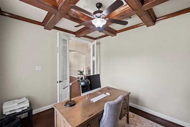 27803 Indigo Pointe Ln, Katy, TX 77494 - office area featuring coffered ceiling, baseboards, a ceiling fan, wood finished floors, and beamed ceiling