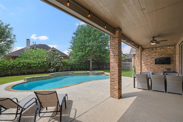 27803 Indigo Pointe Ln, Katy, TX 77494 - view of swimming pool with a fenced backyard, a patio area, ceiling fan, and a pool with connected hot tub