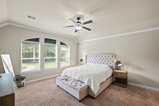 27803 Indigo Pointe Ln, Katy, TX 77494 - bedroom featuring carpet flooring, baseboards, lofted ceiling, ornamental molding, and ceiling fan