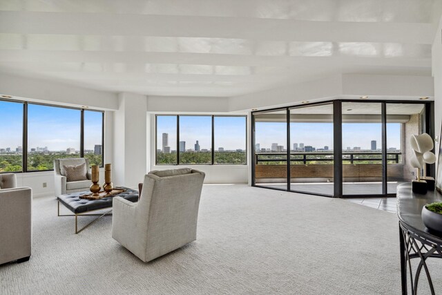 101 Westcott St Unit 1402, Houston, TX 77007 - living room with a view of skyline and light colored carpet