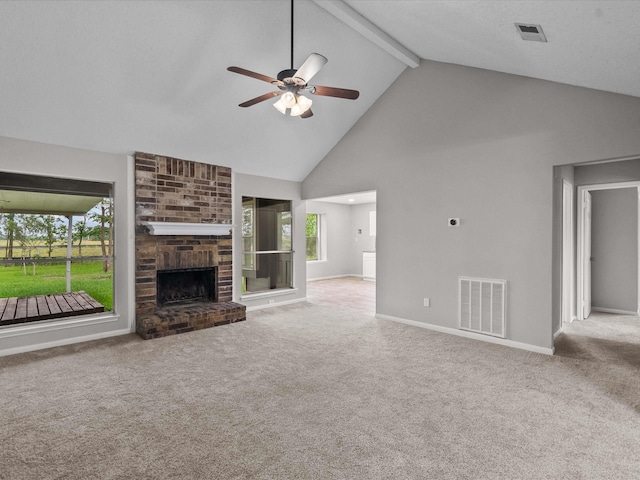 307 Binnacle Way, Crosby, TX 77532 - unfurnished living room with high vaulted ceiling, ceiling fan, carpet, and visible vents
