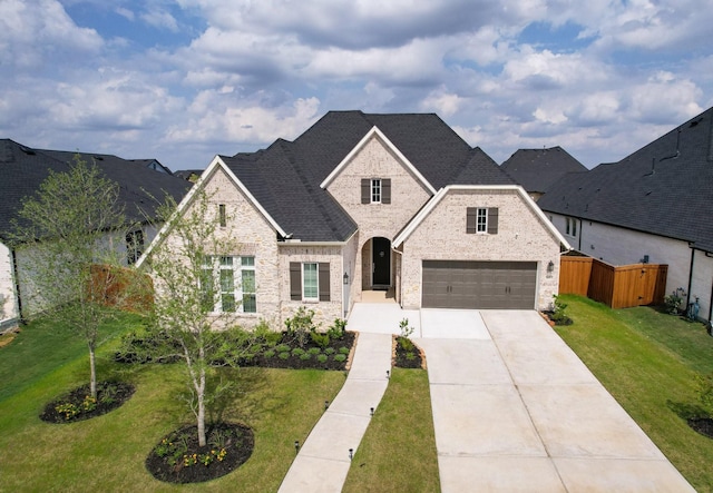 french country style house with a front lawn, a garage, brick siding, concrete driveway, and fence