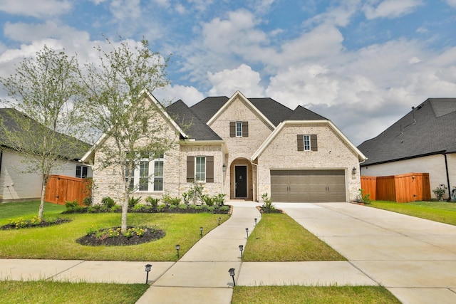 view of front of property featuring a front lawn, driveway, brick siding, and fence