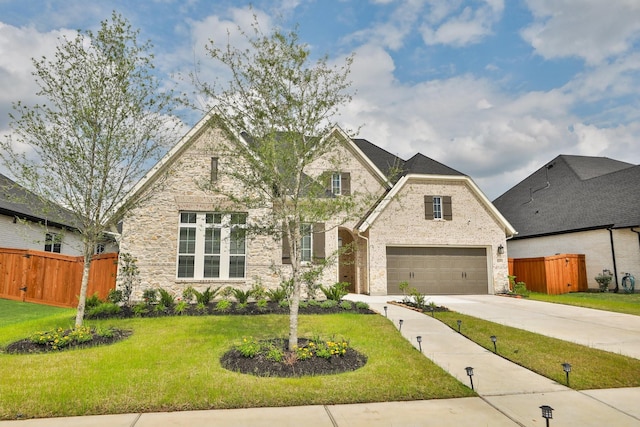 view of front of house featuring fence, driveway, a front lawn, and stone siding
