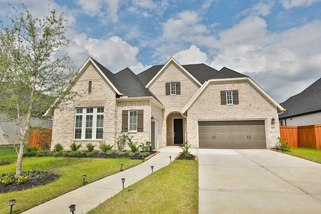 view of front facade featuring fence, a front lawn, concrete driveway, and stone siding