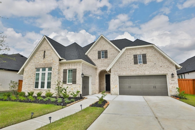 french country inspired facade featuring concrete driveway, stone siding, a front lawn, and fence