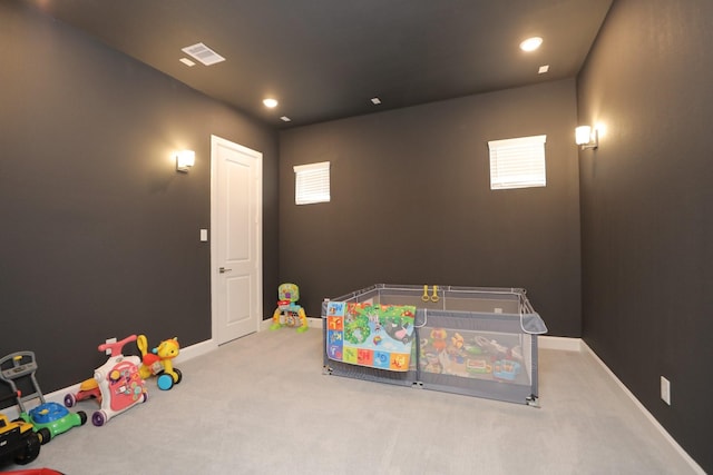 rec room featuring recessed lighting, visible vents, carpet floors, and baseboards
