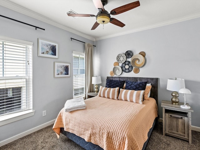 4138 Defender Ln, Galveston, TX 77554 - bedroom with a ceiling fan, baseboards, crown molding, and carpet floors