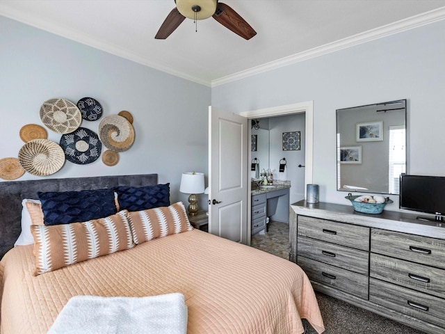 4138 Defender Ln, Galveston, TX 77554 - carpeted bedroom featuring connected bathroom, crown molding, and a ceiling fan