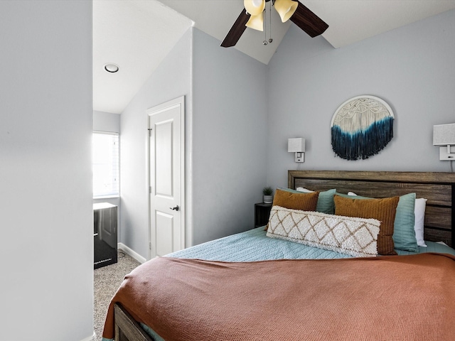 4138 Defender Ln, Galveston, TX 77554 - carpeted bedroom featuring baseboards, a ceiling fan, and lofted ceiling