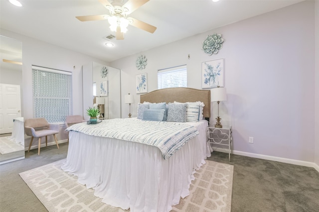 carpeted bedroom with visible vents, a ceiling fan, recessed lighting, and baseboards