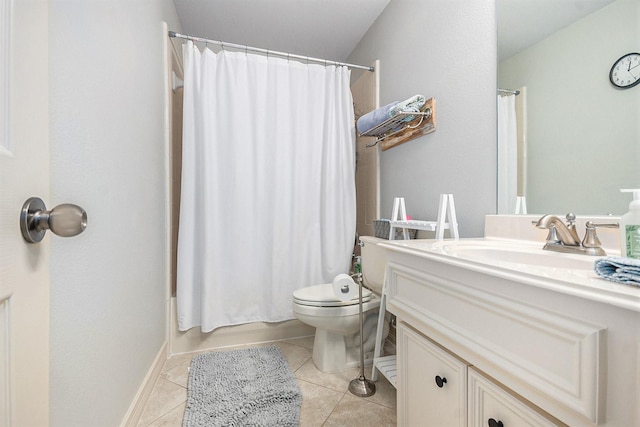 full bathroom featuring toilet, tile patterned floors, shower / bath combination with curtain, and vanity