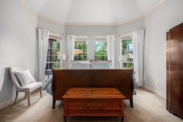 sitting room featuring crown molding, high vaulted ceiling, carpet floors, and baseboards