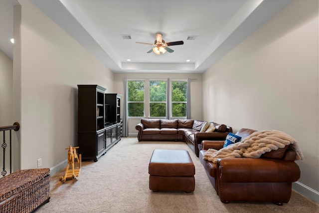 5006 Newport Ct, Spring, TX 77386 - living room with a ceiling fan, visible vents, light colored carpet, baseboards, and recessed lighting