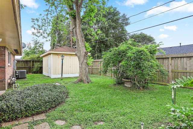 710 Alyse St, Deer Park, TX 77536 - view of yard with central AC, an outdoor structure, a fenced backyard, and a storage shed