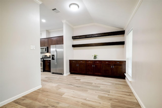interior space with visible vents, light wood-style flooring, baseboards, ornamental molding, and lofted ceiling