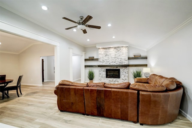 living room with crown molding, recessed lighting, and ceiling fan