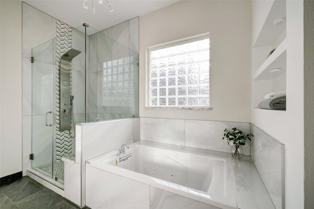 full bath featuring a stall shower and a jetted tub