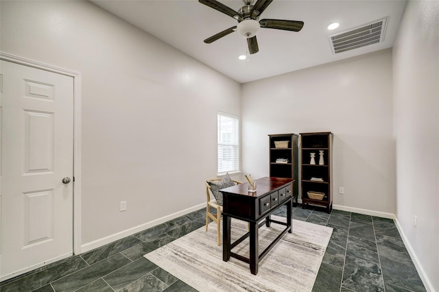 office space featuring baseboards, visible vents, a ceiling fan, and recessed lighting