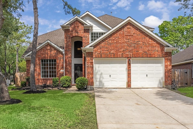 traditional home featuring roof with shingles, brick siding, a garage, a front yard, and driveway