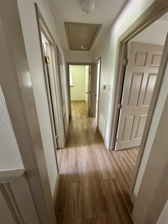 1402 Firwood Cir, Pasadena, TX 77502 - corridor with attic access, light wood-type flooring, and baseboards