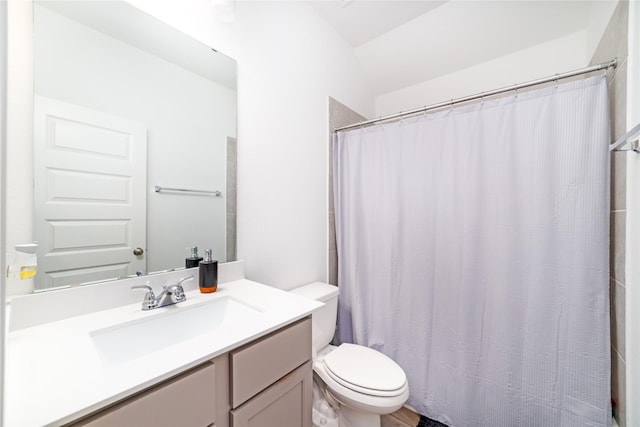 10554 Cecilia Star Ln, Richmond, TX 77406 - full bath featuring toilet, vanity, lofted ceiling, and a shower with curtain