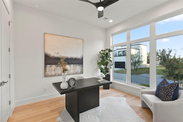 office area featuring visible vents, light wood-type flooring, recessed lighting, and baseboards