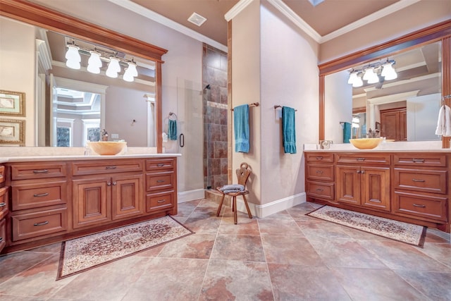 full bath featuring a shower stall, crown molding, baseboards, an inviting chandelier, and vanity