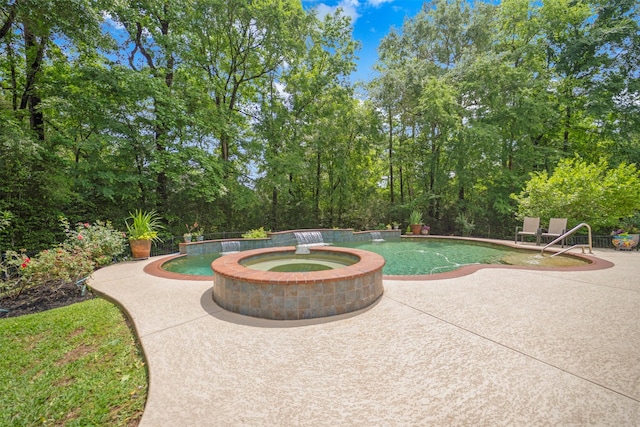 view of community featuring a patio, a swimming pool, and a hot tub