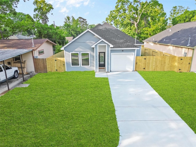 ranch-style home with driveway, a shingled roof, an attached garage, fence, and a front lawn