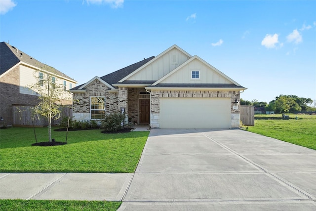 view of front of house with board and batten siding, fence, a garage, a front yard, and concrete driveway