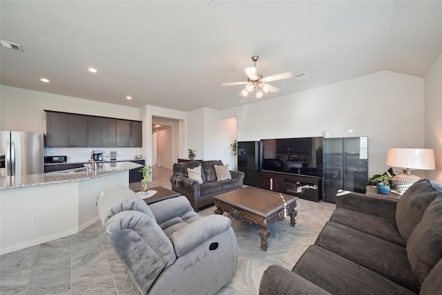 living room featuring visible vents, ceiling fan, recessed lighting, and marble finish floor