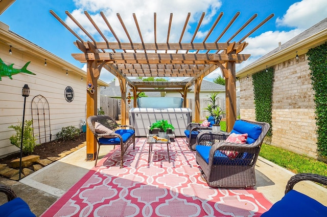 view of patio featuring a pergola, an outdoor living space, a jacuzzi, and a fenced backyard