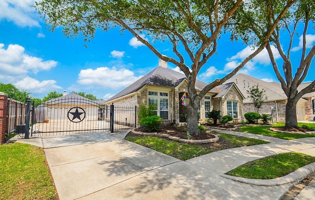 view of front of property with a gate, brick siding, fence, and concrete driveway