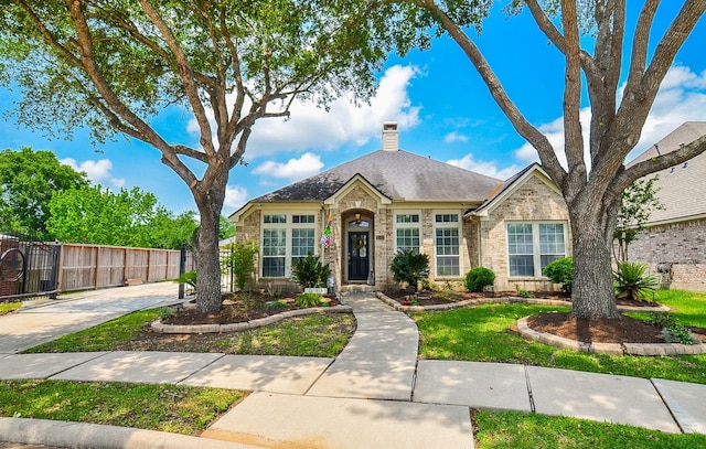 bungalow-style home featuring fence, a chimney, and brick siding