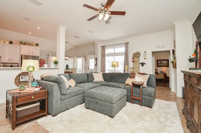 living area featuring recessed lighting, light tile patterned floors, a ceiling fan, vaulted ceiling, and ornate columns