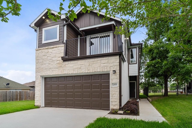 12975 Corona Ct, Willis, TX 77318 - view of front of home with board and batten siding, fence, a balcony, and stone siding