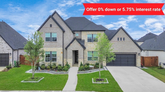 french provincial home with brick siding, fence, and stone siding