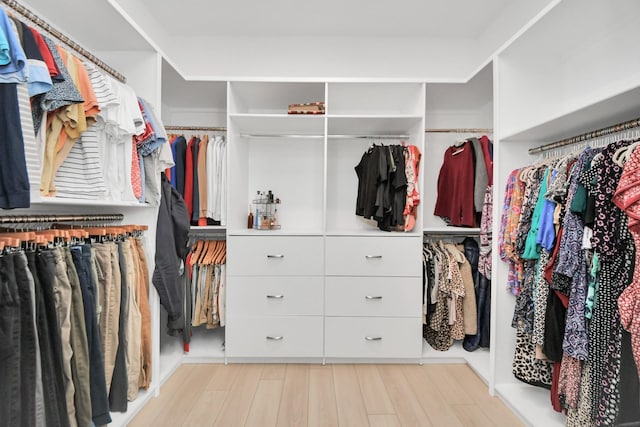 walk in closet with light wood finished floors