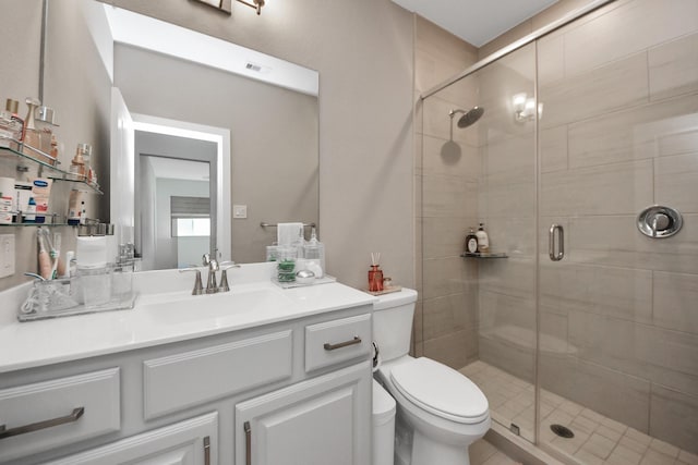 bathroom with vanity, a stall shower, toilet, and visible vents