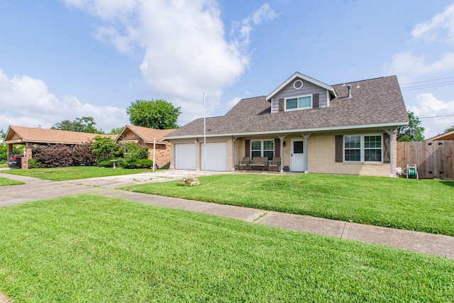 view of front of house with concrete driveway, roof with shingles, an attached garage, fence, and brick siding
