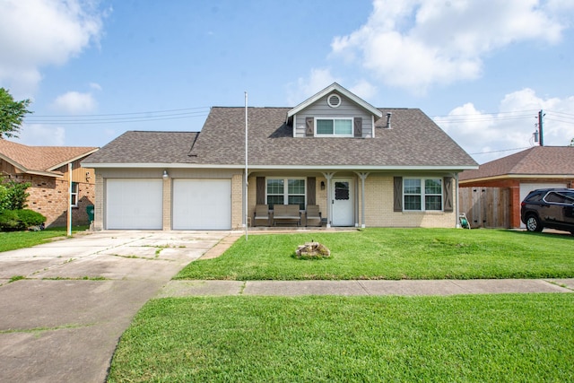 view of front of home featuring a front lawn, a shingled roof, brick siding, concrete driveway, and an attached garage