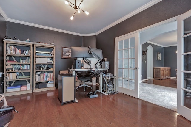 4526 Ambrosia Springs Ln, Katy, TX 77494 - office with arched walkways, wood finished floors, french doors, and crown molding