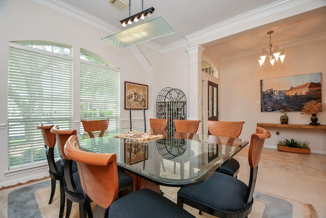 dining space featuring visible vents, an inviting chandelier, crown molding, and plenty of natural light
