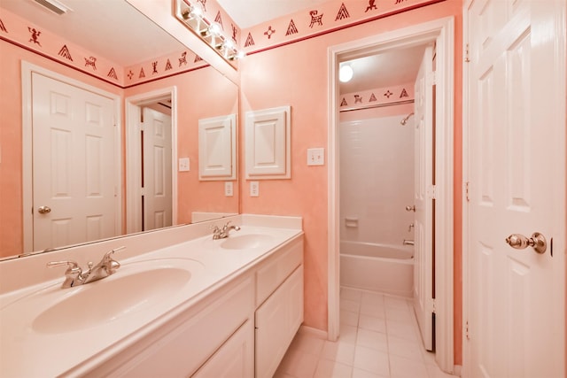 bathroom with double vanity, a sink, tile patterned flooring, and shower / bathing tub combination