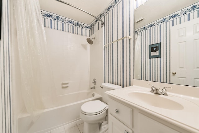 bathroom featuring tile patterned flooring, vanity, toilet, shower / bath combo with shower curtain, and wallpapered walls