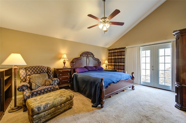 carpeted bedroom with access to exterior, high vaulted ceiling, a ceiling fan, and french doors
